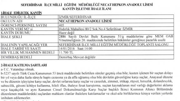 İlçemiz Seferihisar Necat Hepkon Anadolu Lisesi Kantin İhalesi İlanı.