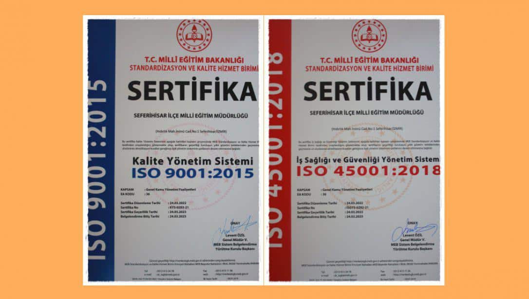 İlçe Milli Eğitim Müdürlüğümüz ''TS ISO 45001 İş Sağlığı ve Güvenliği Yönetim Sistemi'' ve ''TS EN ISO 9001 Kalite Yönetim Sistemi'' Belgelerini Aldı.